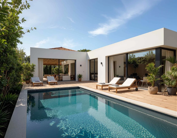 Maison contemporaine unifamiliale avec façade blanche et soubassement gris anthracite, située sur terrain paysager avec pelouse