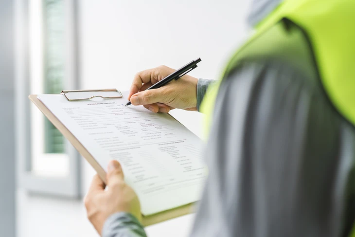 Intérieur d'un bâtiment avec plusieurs extincteurs rouges au premier plan, panneau de sécurité incendie flou en arrière-plan sur mur blanc