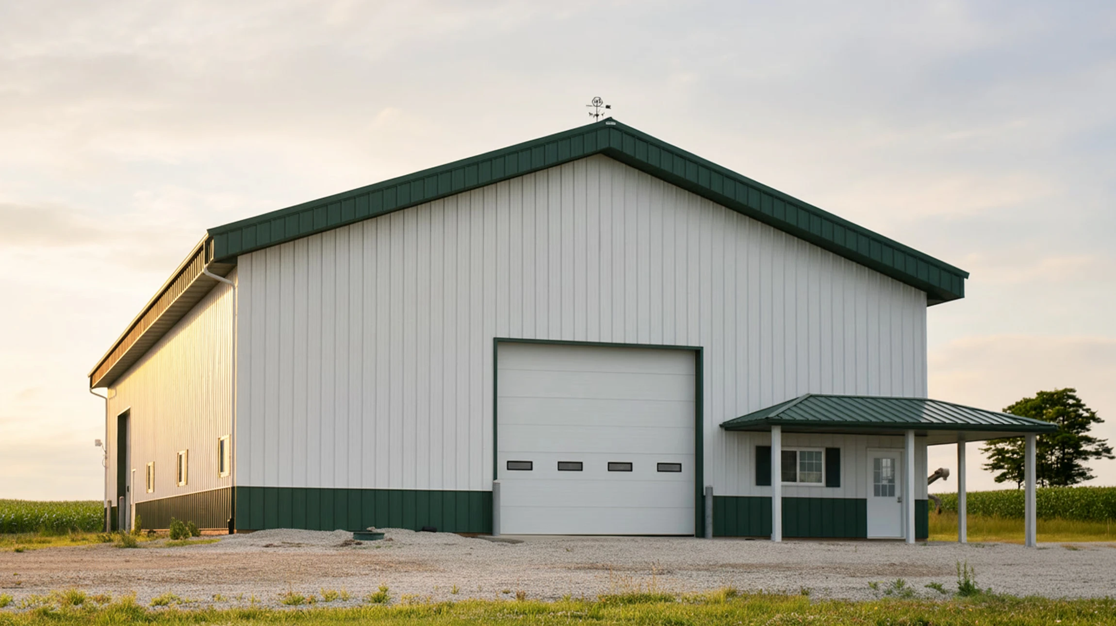 Bâtiment commercial moderne à façade entièrement vitrée avec structure géométrique contemporaine, entouré d'une végétation dense d'arbres matures aux feuillages verts luxuriants, sous un ciel bleu nuageux