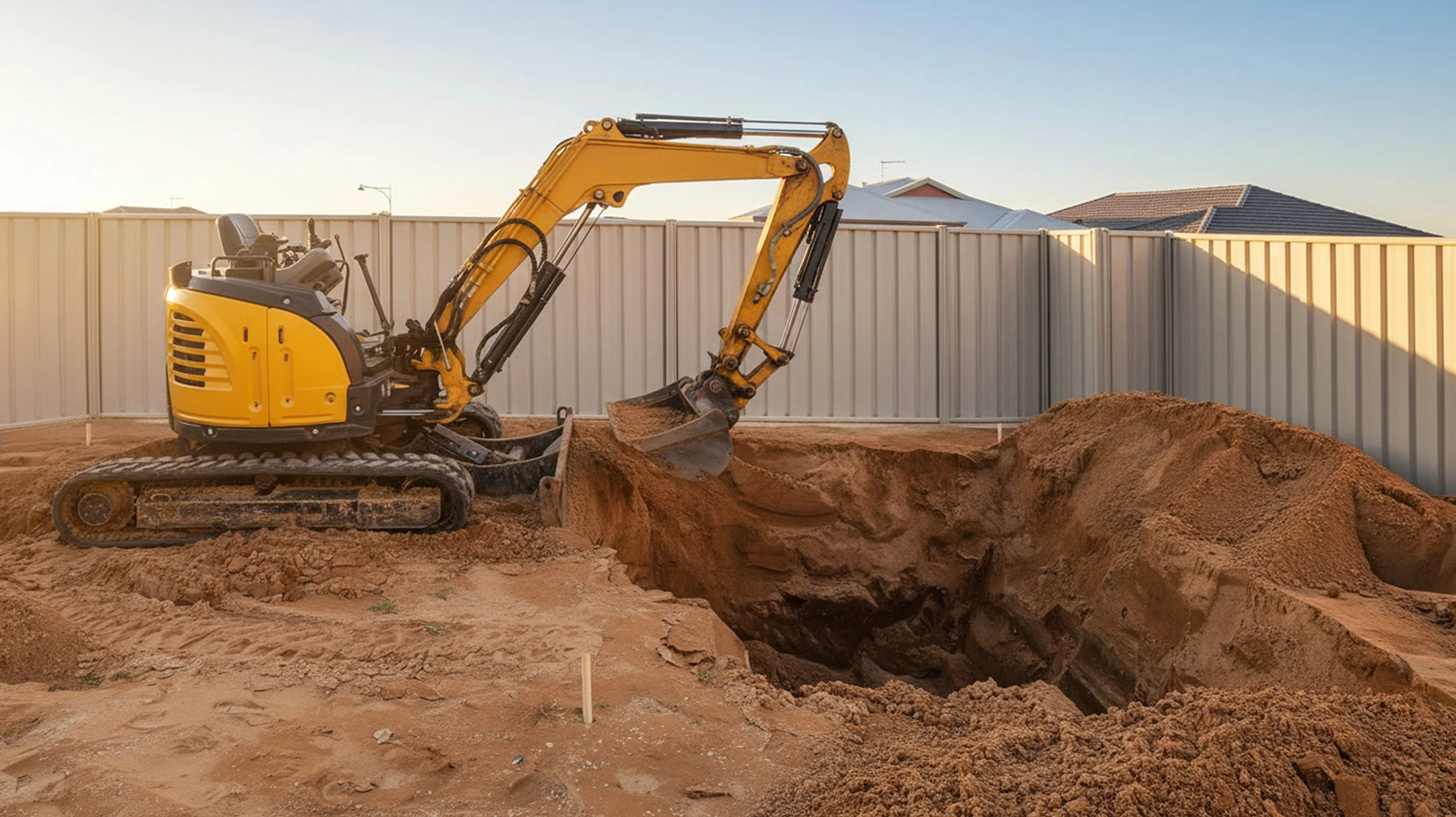 Chantier de construction extérieur avec deux pelleteuses hydrauliques jaunes travaillant sur terrassement