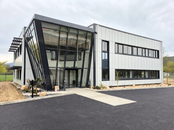 Bureau moderne en open space avec plusieurs employés travaillant sur ordinateurs portables et fixes